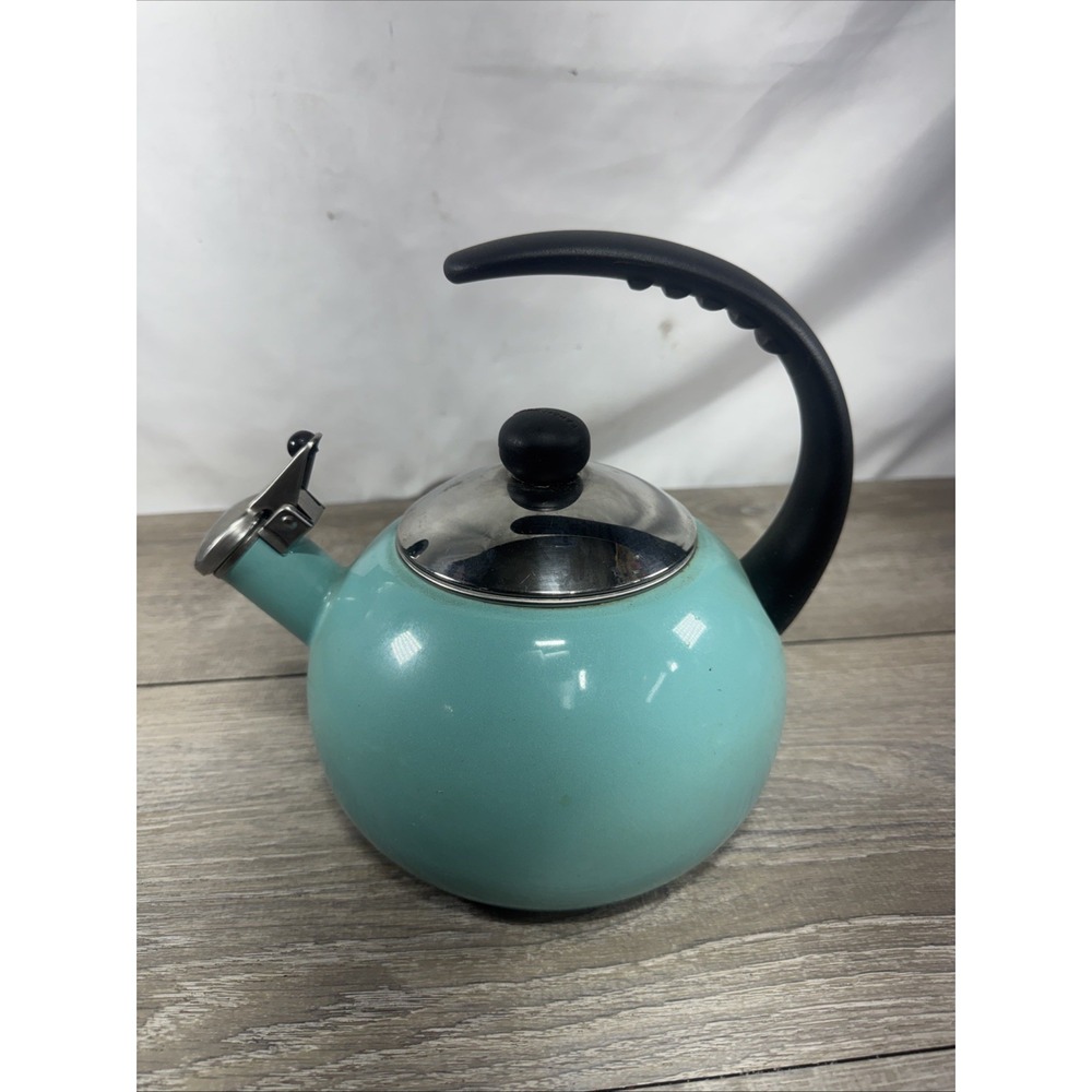 Farberware Luna Whistling Tea Pot Kettle 2.5 qt Aqua Enamel on Steel